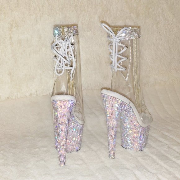 Bejeweled Rhinestone Platform Heel Ankle Boots Wit - Picture 3 of 17